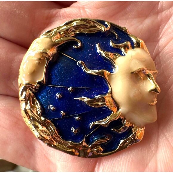 Celestial Moon Sun Brooch Pin New Gold Navy Yours is the Light We All Sh… - Picture 6 of 12
